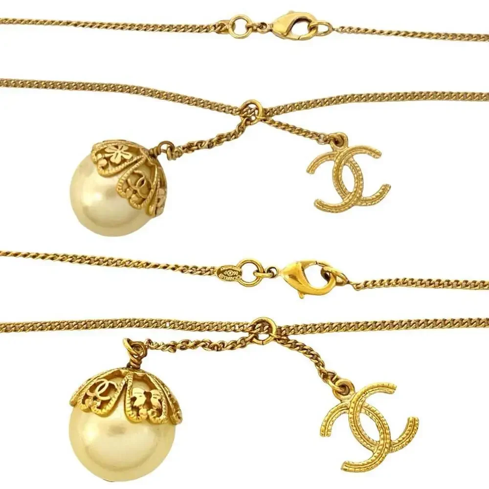 CHANEL Authentic Gold Pearl Logo Necklace